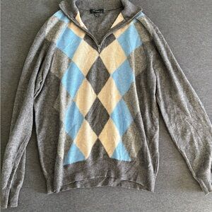 Just Cashmere Forte Quarter Zip Grandpa Sweater with Blue and Cream Argyle